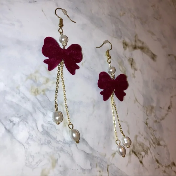 Burgundy Bow Pearl Dangling Statement Earrings Whimsy Coquette Spring Jewelry - Picture 4 of 10